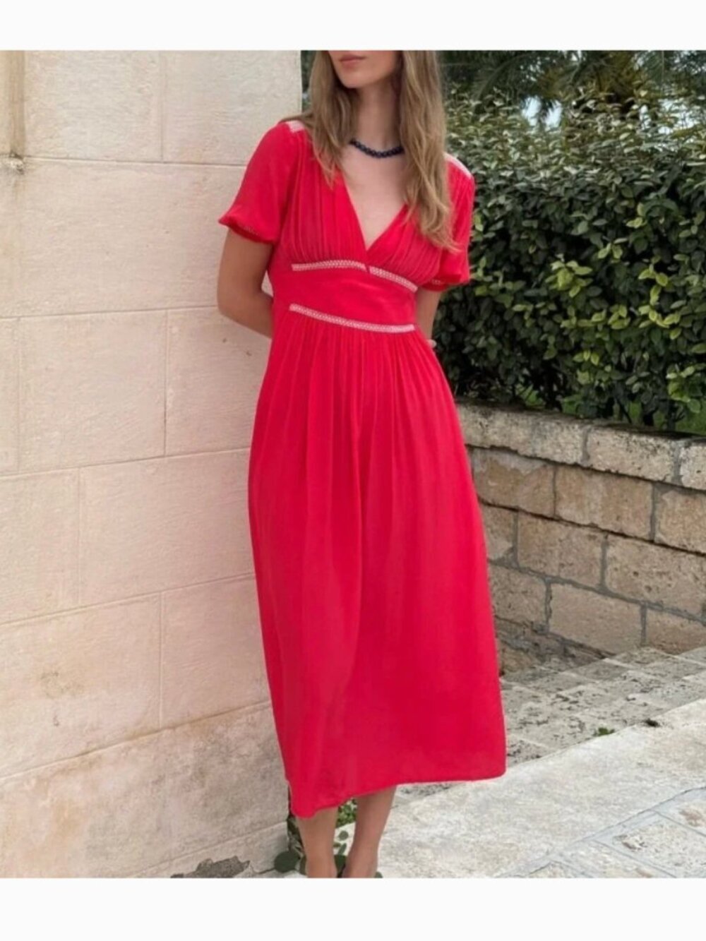 J.Crew Smocked Midi Dress 8 Crepe de Chine Red Peasant Prairie Milkmaid Preppy
